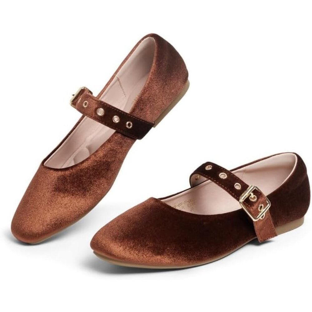Women Velvet Coffee Polyurethane (Pu) Closed Toe Strap Buckle Ballerina Flats
